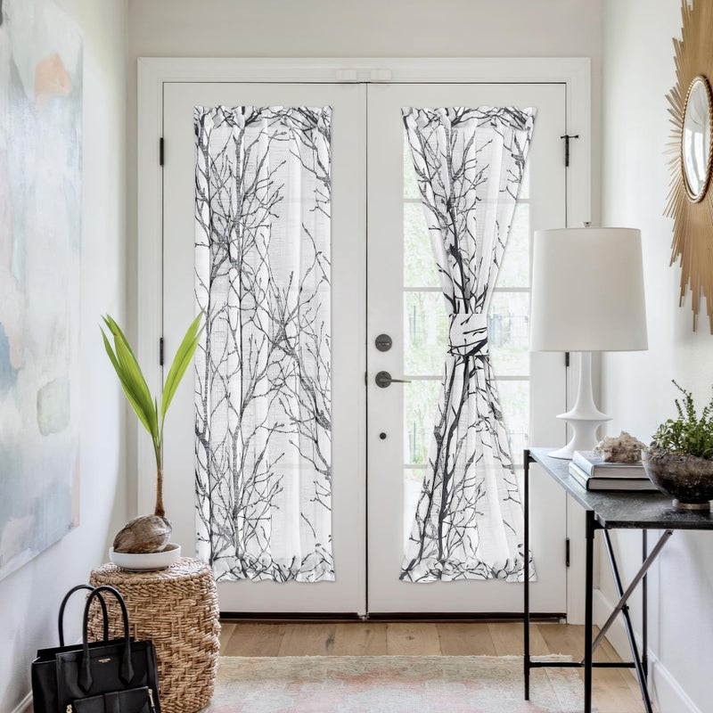 FMFUNCTEX French Front Door Curtains for Glass Door Curtains 72 Inches Long White Semi-Sheer Window Curtain Black Branch Print Curtain for Patio Door with Tie-Back 50 Inches Wide Rod Pocket 1 Panel - Image 2